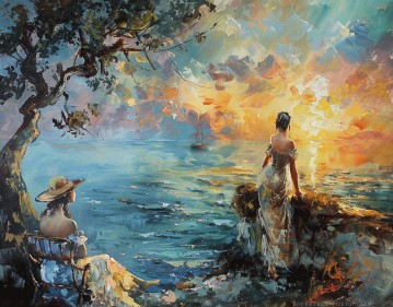  Original Art - Aompanionship of Best Friends Original Painting Seascape Art Sunset Women